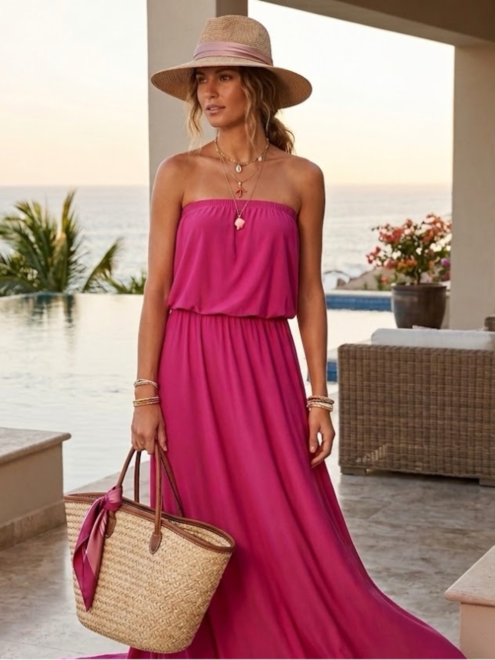 Unaluna strapless Maxi Dress Hot Pink M